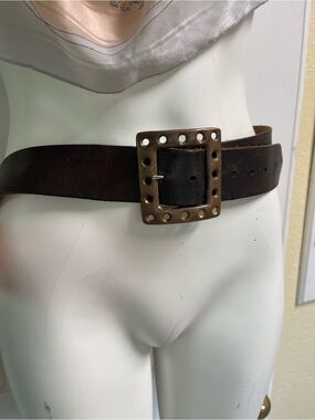 Women's Dark Brown Leather Belt with Brass Studded Buckle